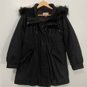 Moussy Black Down Parka Raccoon Fur Trim Hood Full Zip Size S
